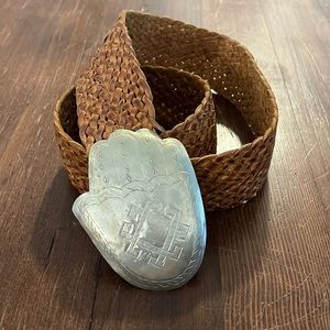 Vintage Moroccan Woven Leather Belt with Silver Hand Buckle